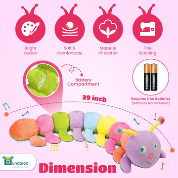 Bundaloo Jumbo Musical Caterpillar Plush Toy - Extra Large, Multi-Color, Plays Fun Songs & 8 Musical Notes for Kids & Toddlers