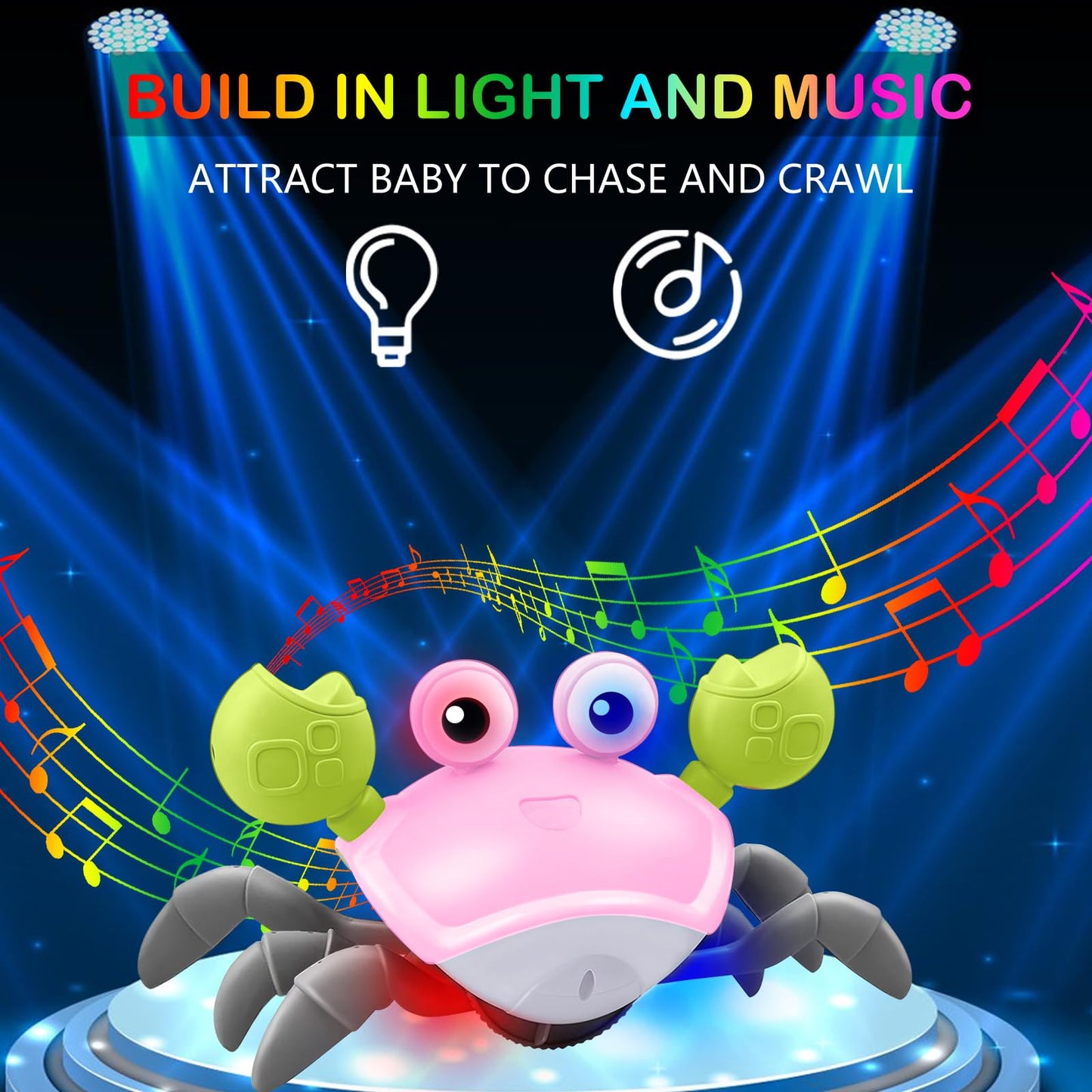 Plnmlls Crawling Crab Baby Toy - Tummy Time Toys - With Music And Led Light,Built-In Rechargeable Battery And Adjustable Volume For 0-6 6-12 12-18 36 Months Walking Toddler Birthday Gift(Pink)
