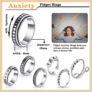 12 Pieces Fidget Anxiety Rings Including 6 Pieces Spiky Sensory Finger Rings, Spinner Rings, Anxiety Rings, Zircon Ring With Beads For Women Men (Multiple Style)