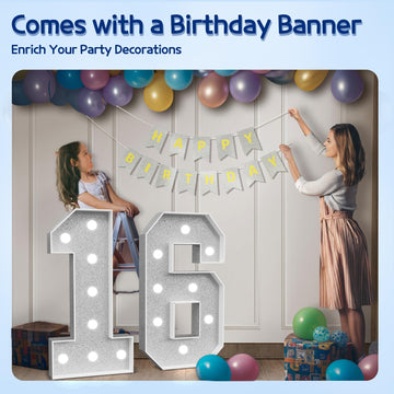 Imprsv Marquee Numbers Silver 16Th-Birthday Decorations: Large 3Ft Light Up Number Grey Sweet 16 Party Decoration For Boy Girl S