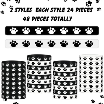 48 Pieces Paw Print Rubber Bracelets Multicolor Silicone Stretch Wristbands for Birthday Party Supplies, Black, White