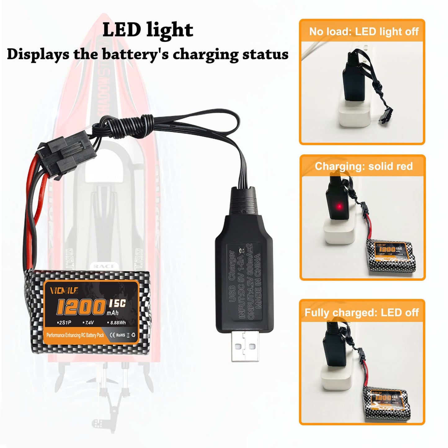 VICMILE 7.4V 1200mah Li-ion Battery 2S 15C RC Boat Batteries R208 R308 Battery Fit for High Speed Remote Control Boats 2Pack wit