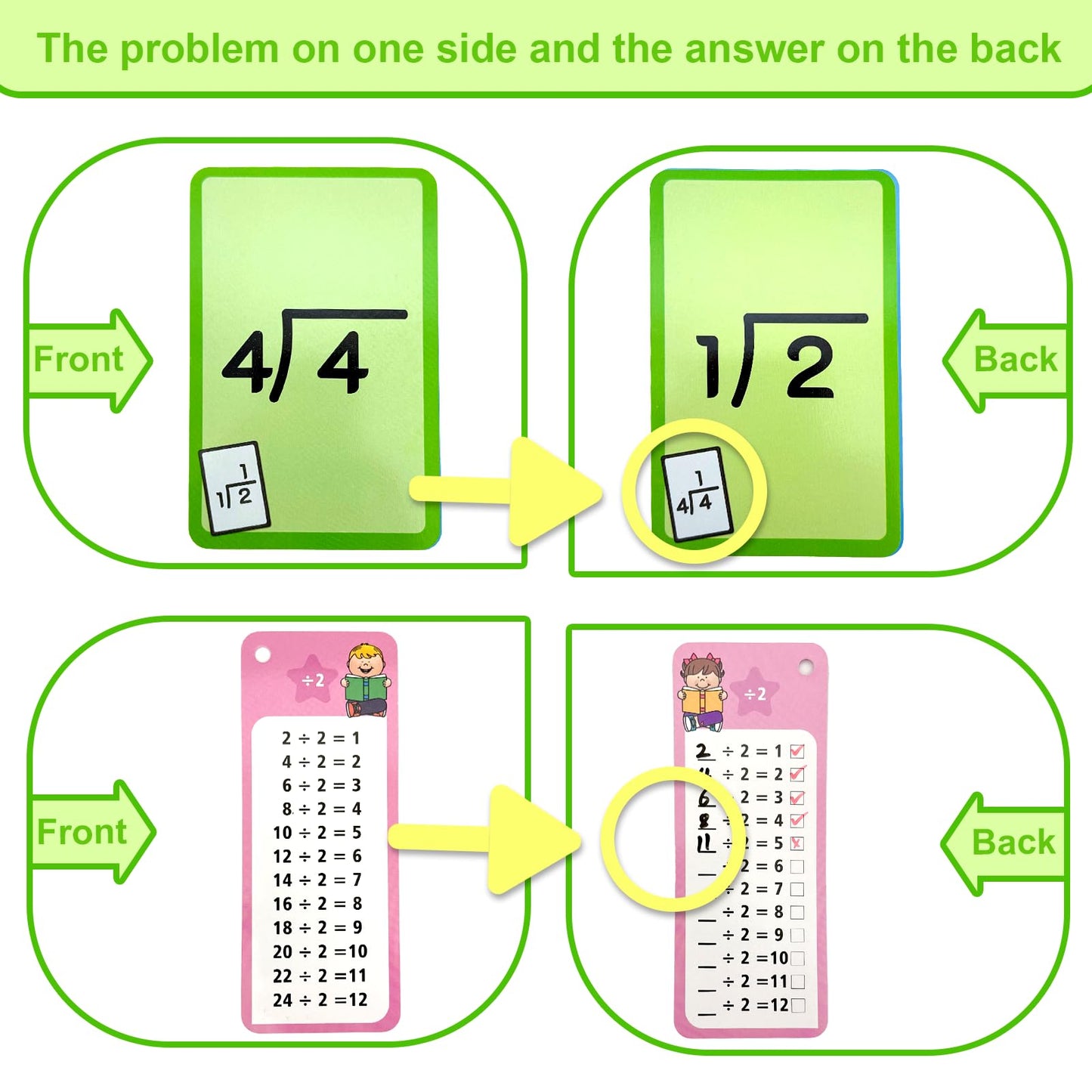 Limque 1-12 Math Flash Cards With 6 Dry Erase Pens, 15Pcs Big Division Flash Cards + 36 Pcs Random Double-Sided Division Practic
