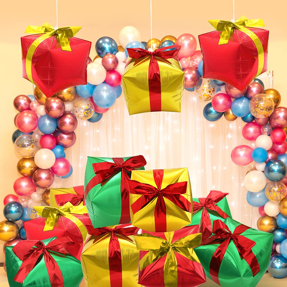 Deermon Large 4 Piece Gold Christmas Square Shape Gift Box Party Balloons With Red Ribbon, Present Cube Gift Box Mylar Party Dec
