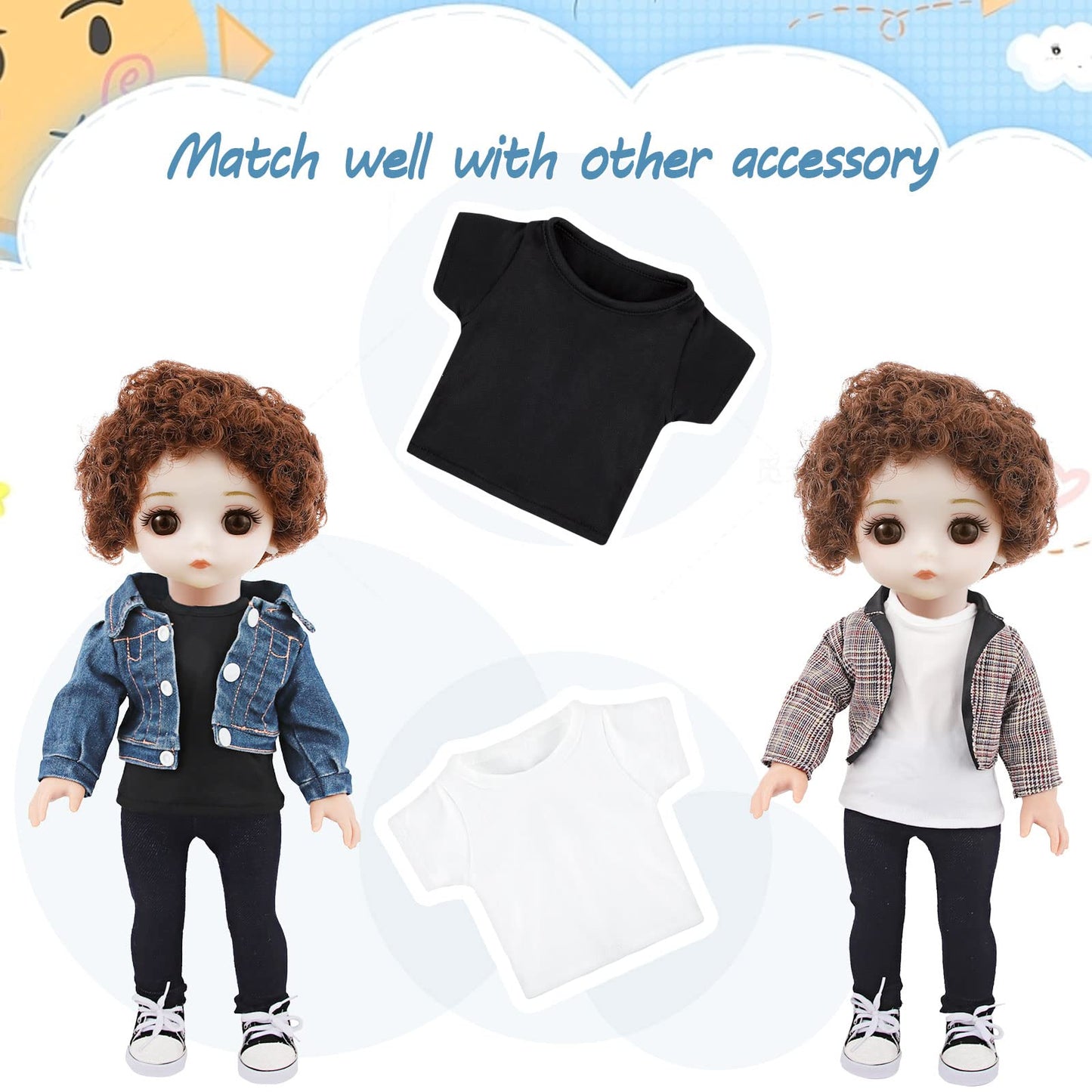 Litherr S 8 Pcs 18 Inch Boy Doll T Shirt Clothes Sublimation 18 Doll Outfits Accessories Classical Tee Shirts Fit 18 Inches Doll White and Black for Doll Decoration DIY Pretend Play
