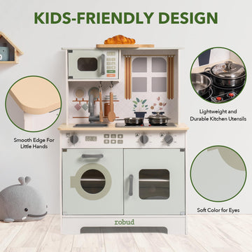 ROBUD Play Kitchen for Kids, Wooden Kids Kitchen Playset with Lights & Sounds, Pots, Cookware, Pretend Kitchen Gift for Boys Gir