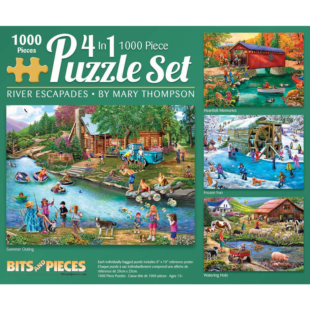 Bits And Pieces – 4-In-1 Multi-Pack 1000 Piece Jigsaw Puzzles For Adults – River Escapades Jigsaw Puzzle Set Bundle By Artist Mary Thompson, Completed Puzzle Size: 20' X 27'
