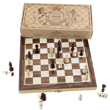 AMEROUS Chess Set - 12"x12" Folding Wooden Board Game with Magnetic Pieces - Ivory, Bronze, Brown - Model 19001 for 2 Players