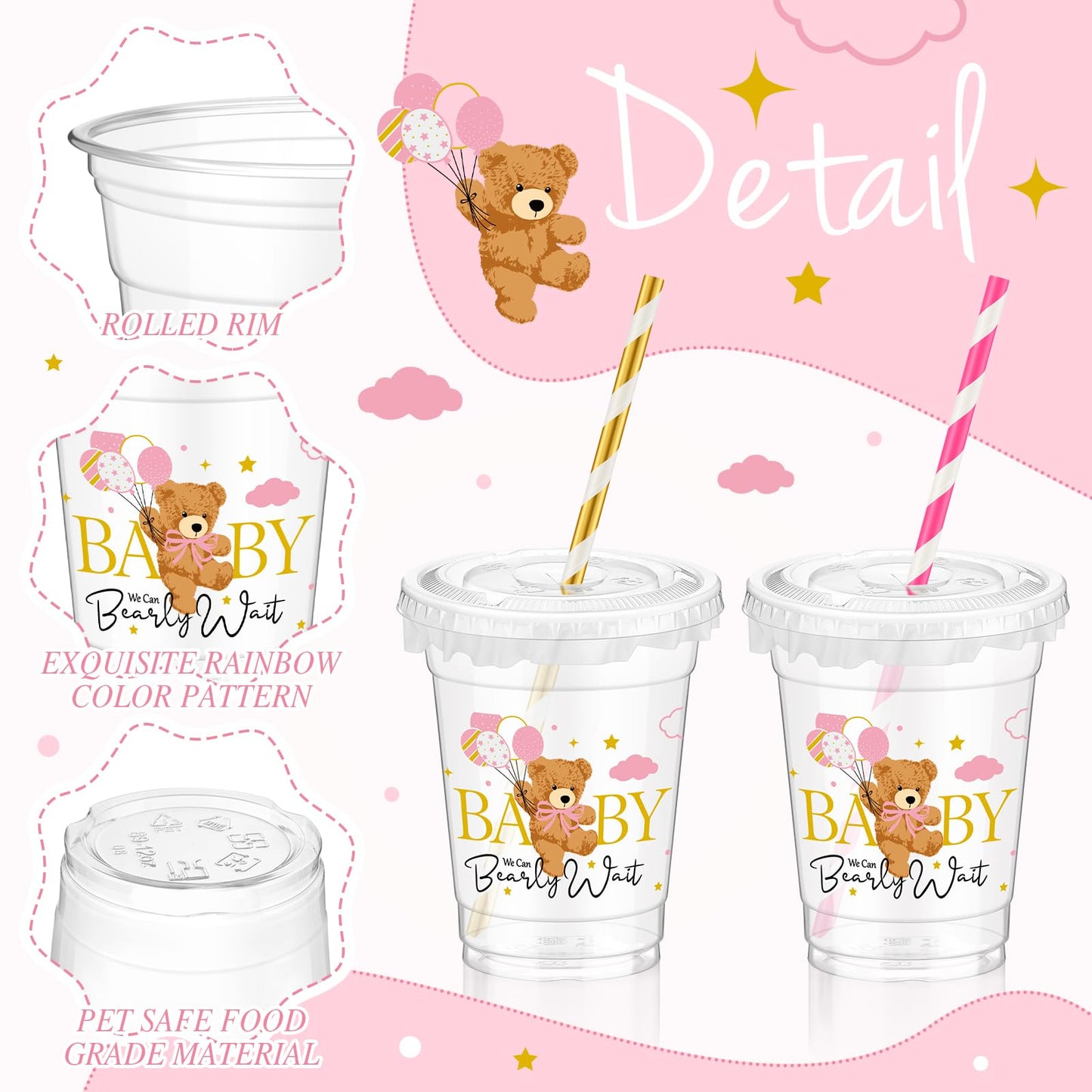 Foldtier 50 Pcs Baby Shower Party Disposable Plastic Cup 12 Oz Pink Bear Cups Thick Clear Cup Lids Straws Baby Shower Party Supp