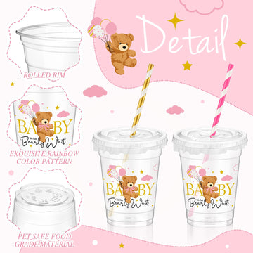 Foldtier 50 Pcs Baby Shower Party Disposable Plastic Cup 12 Oz Pink Bear Cups Thick Clear Cup Lids Straws Baby Shower Party Supp