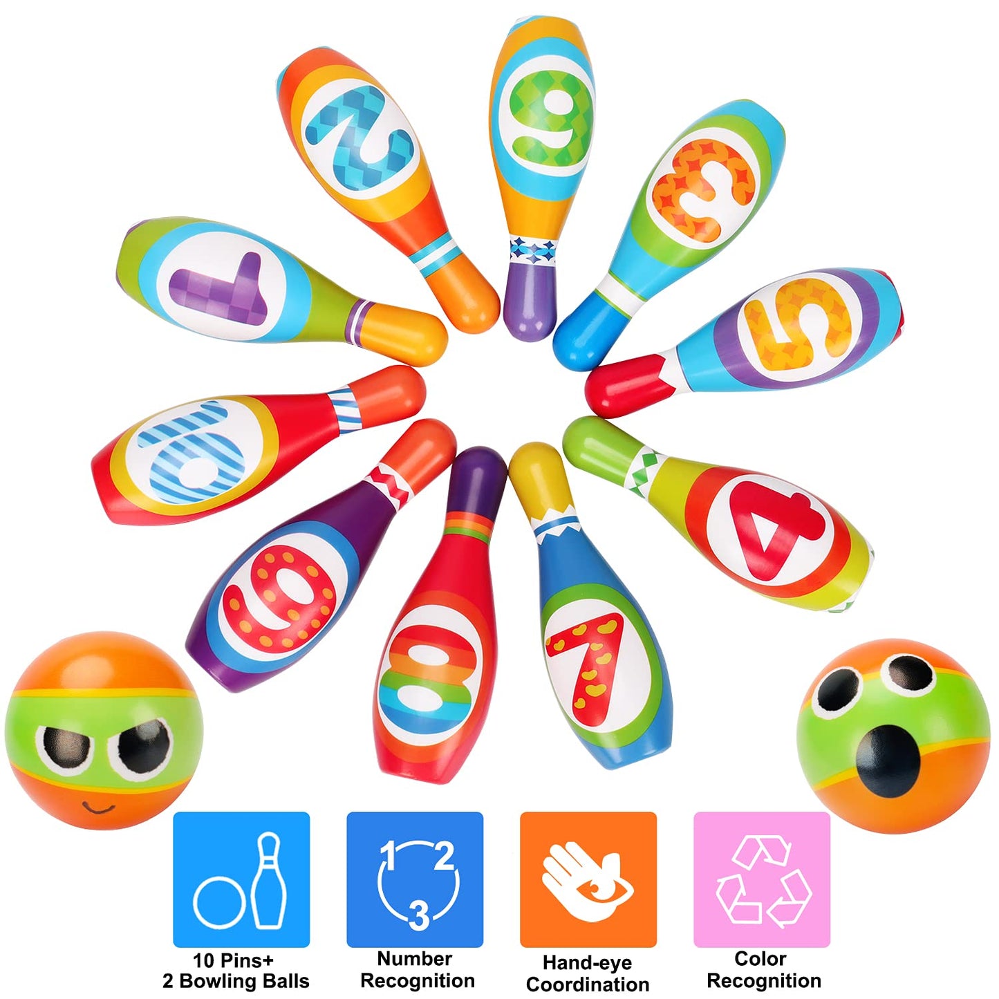 Soft Kids Bowling Set Toddler Toy For 2 3 4 5 Years Old Boy Girl, 10 Indoor Colorful Foam Pins 2 Bowling Ball Printed Number Developmental Sensory Toy Age 2-4 Present Stocking Stuffer