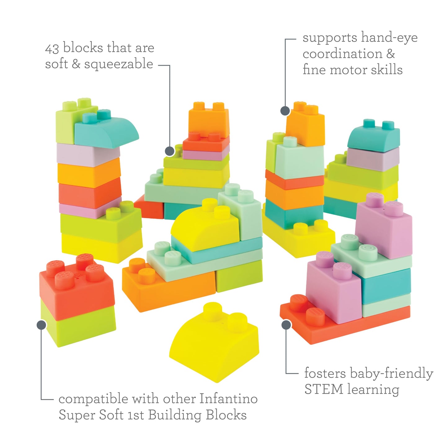 Infantino Super Soft Jumbo Building Blocks Playset, 43-Piece Multi-color Soft Plastic Set for Babies and Toddlers, Model 215269-01