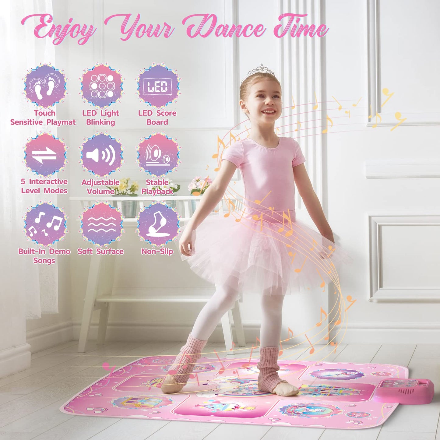 GirlsHome Dance Mat - Unicorn Electronic Dance Pad with 5 Game Modes, LED Lights, Medium, Multi-color, Model Fantasy 9