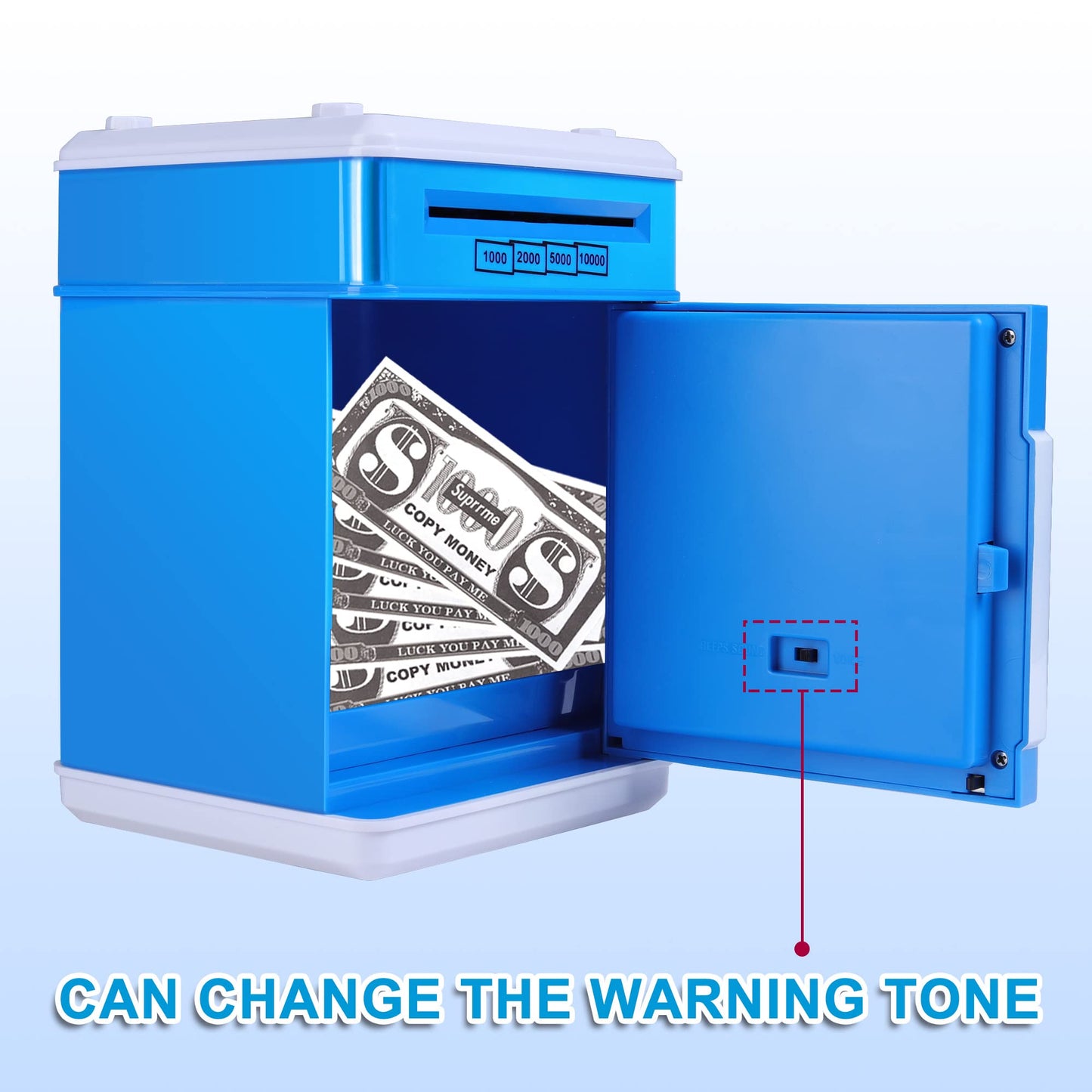 Gudoqi Piggy Bank, Electronic Money Bank, Safe Mini Atm Cash Coin Can, Auto Scroll Paper Money Saving Box, Great Birthday For Kids, Blue White