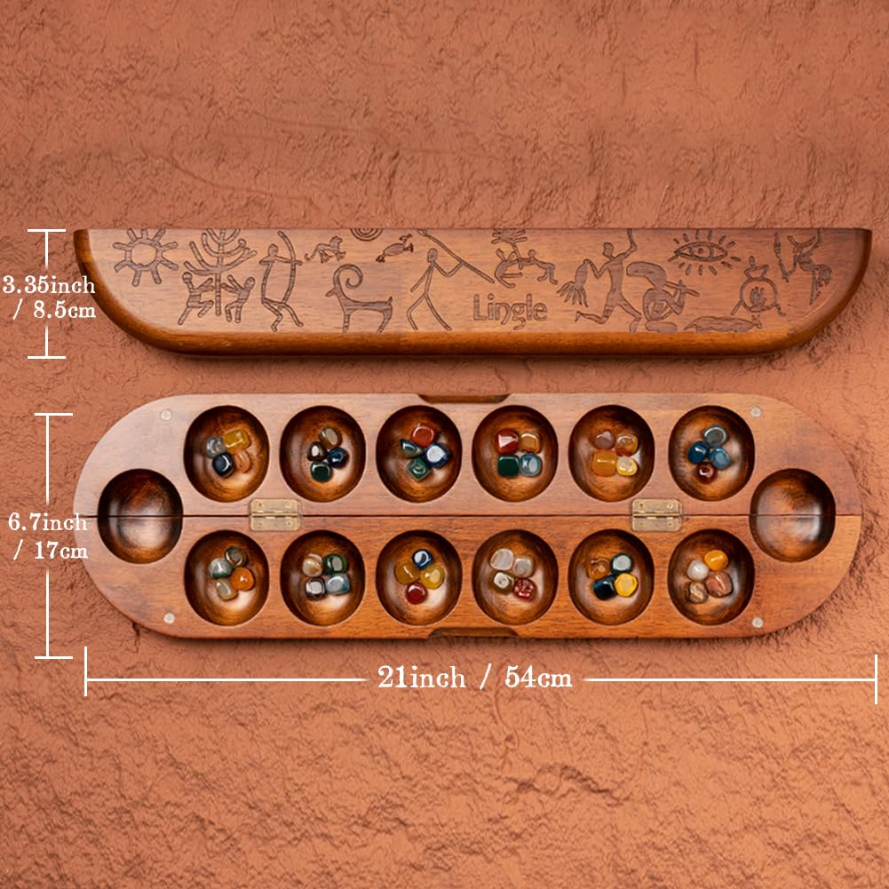 Lingle Deluxe Mancala Board Game Set - Real Wood Hinged Folding Board With 48 Mixed Natural Gemstones, Authentic African Petroglyphs, Foldable Design For 2-Player Strategy Game, Portable Game