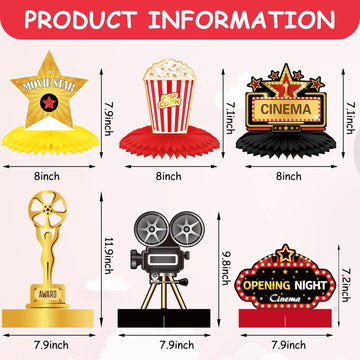 12 Pieces Movie Honeycomb Centerpiece Movie Night Party Decoration Microphone Ticket Star Video Paper Centerpiece Sign Movie Nig
