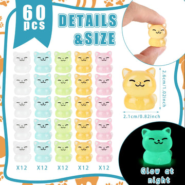 Ccinee 60Pcs Luminous Mini Cat Miniauter Figures Glow In The Dark Resin Cat Figures Micro Fairy Ornaments Tiny Cats Miniature For Bag Cake Topper Birthday Party Favors