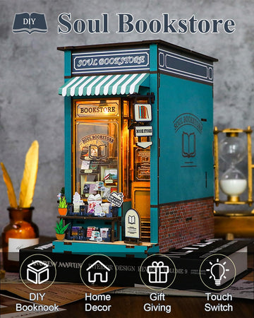 Ourmiao Book Nook Kit Soul Bookstore, Diy Wooden Booknooks Kit For Adults Women Teens, Bookshelf Diorama Miniature Scenes Insert