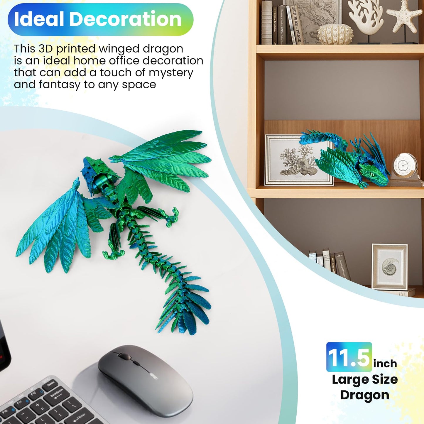 Shuwnd 3D Printed Dragon With Wings, Feathered Wyvern Dragon,Full Articulated Crystal Flying Dragon,Realistic Large Pet Dragon, Flexible Shoulder Dragon Stuff 3D Printed Animals Toy (Blue Green)