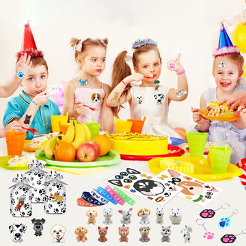 122Pcs Dog Party Favors Gift Set for Kids Dog Birthday Party Supplies Include 12 Dog DIY Face Stickers 12 Dog Bags 12 Keychains