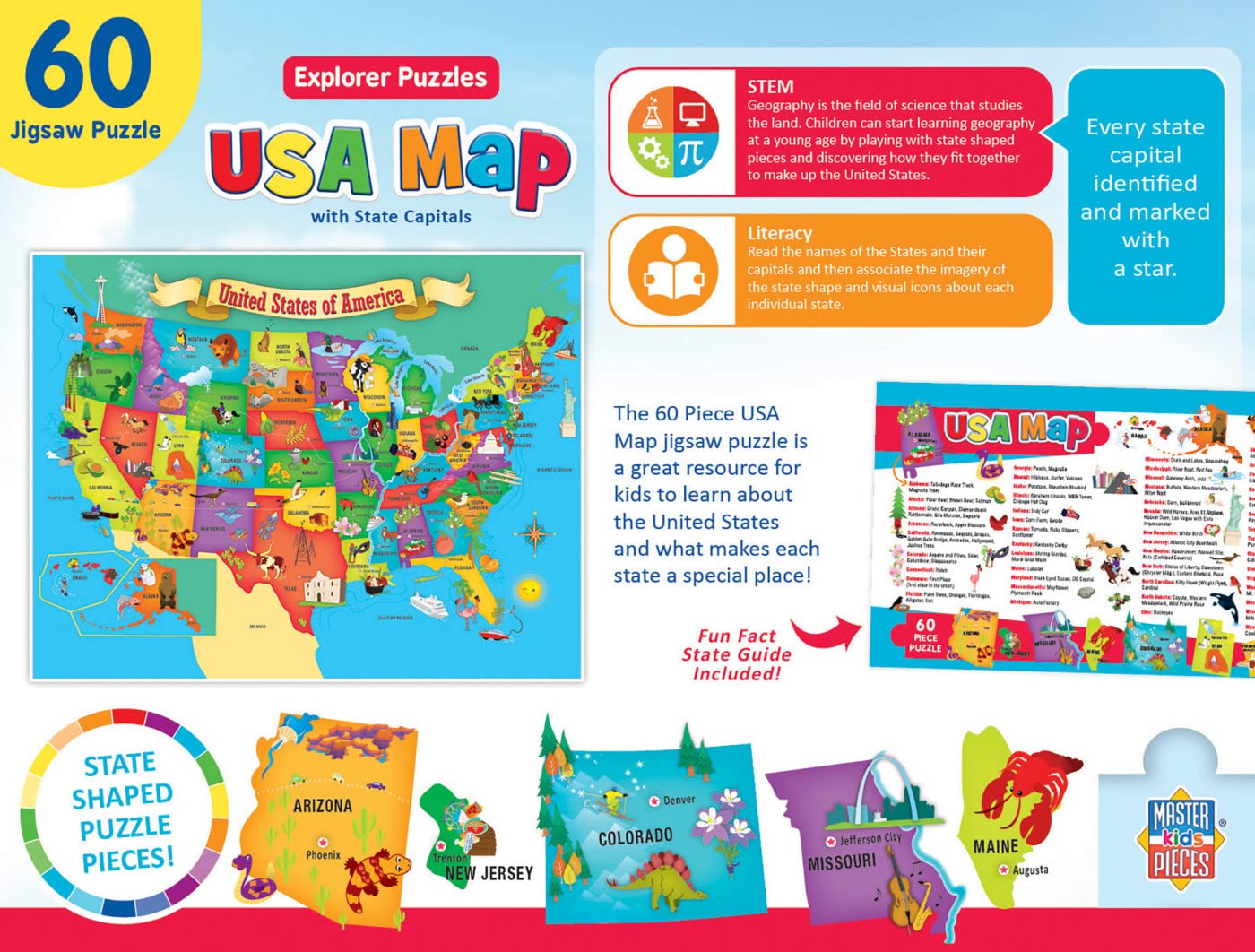Masterpieces 60 Piece Educational Jigsaw Puzzle For Kids - Usa Map State Shaped - 16.5'X12.75'