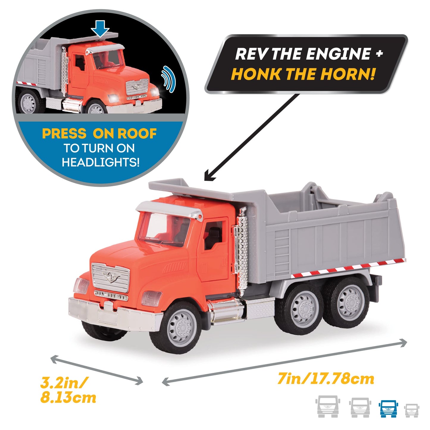 Driven by Battat - Micro 1:24 Scale - Dump Truck Toy - Construction Car Toy with Lights, Sounds & Movable Parts - Gift for Boys