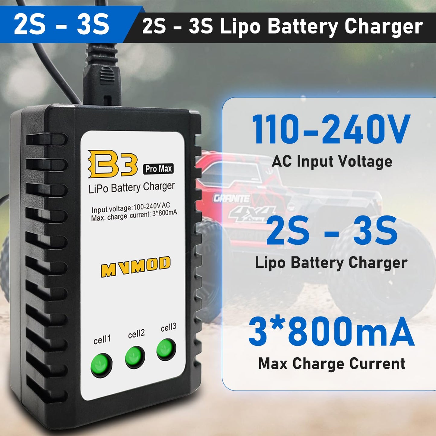 MVMOD 3S LiPo Battery with Charger Kit, 2200mAh 11.1V 35C Lipo Battery with XT60 Connector for RC Airplane RC Quadcopter Helicop