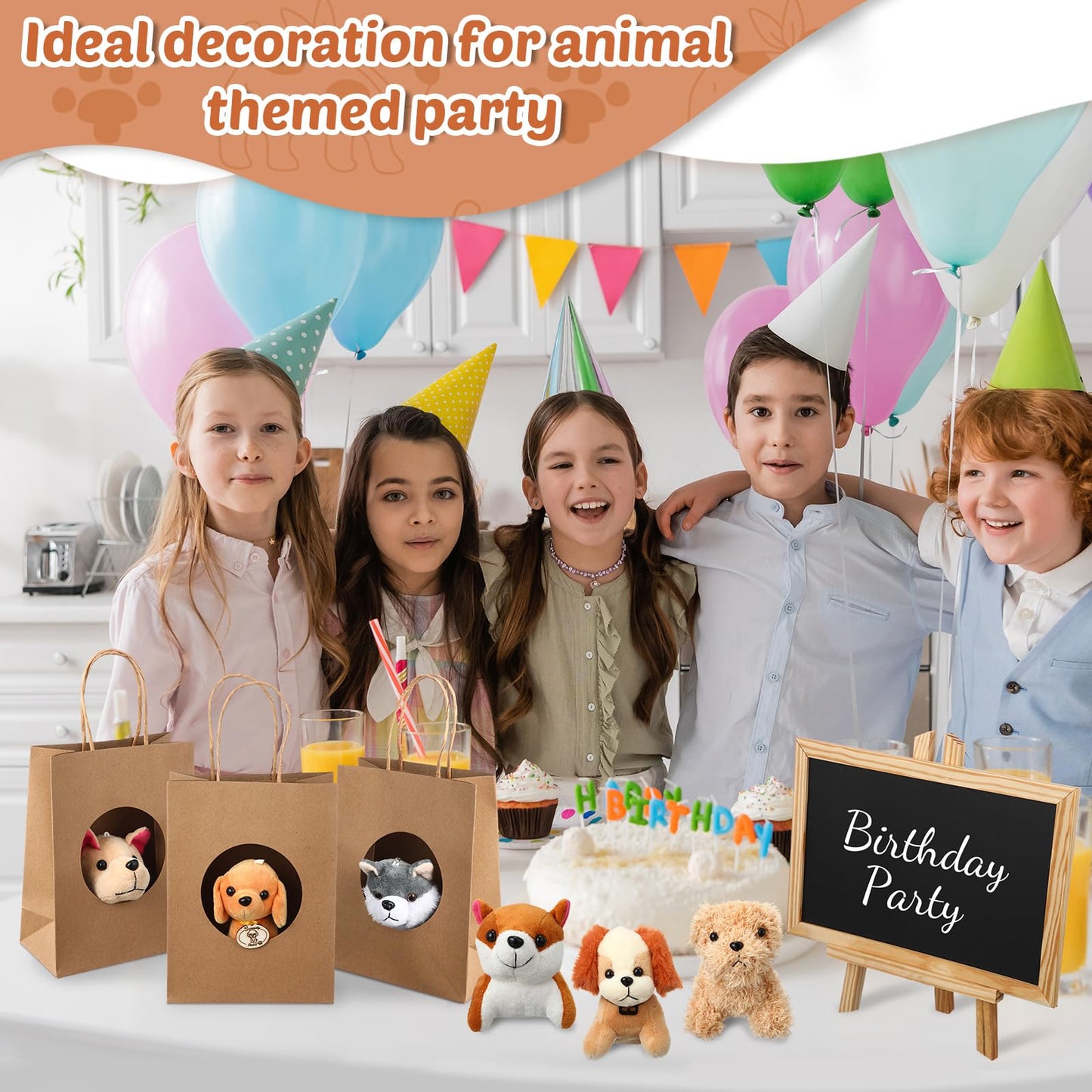 Arrowbash 36 Pcs Mini Plush Stuffed Animals Set With 10 White Plastic Fence 12 Kraft Paper Gift Bags Wooden Mini Chalkboard Sign