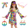 MRYUWB 70s Hippie Dress for Girls, 1970s Outfits Peace Sign Necklace Headband, 60s Themed Party Costumes for Kids 5-14 Years (Pe