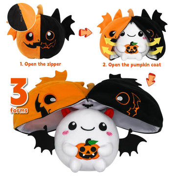 Caiyuegg Halloween Stuffed Animal Reversible Pumpkin Plush,Bat Ghost Transformed Pumpkin Plush Zipper,Halloween Bat Ghost Stuffe