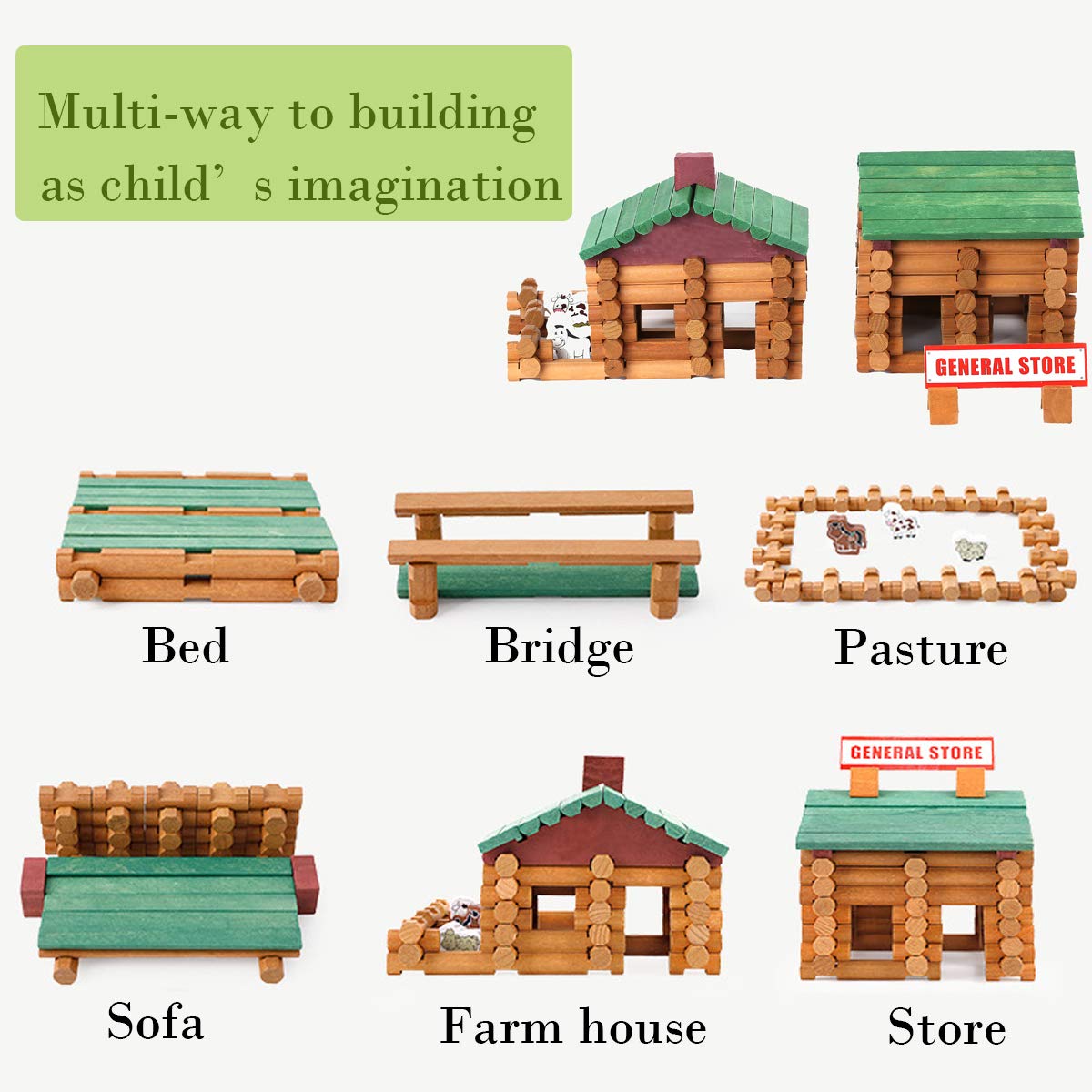 Wondertoys 170 Pieces Wood Logs Set Ages 3+, Classic Building Log Toys For Boy, Creative Construction Engineering Educational Gifts