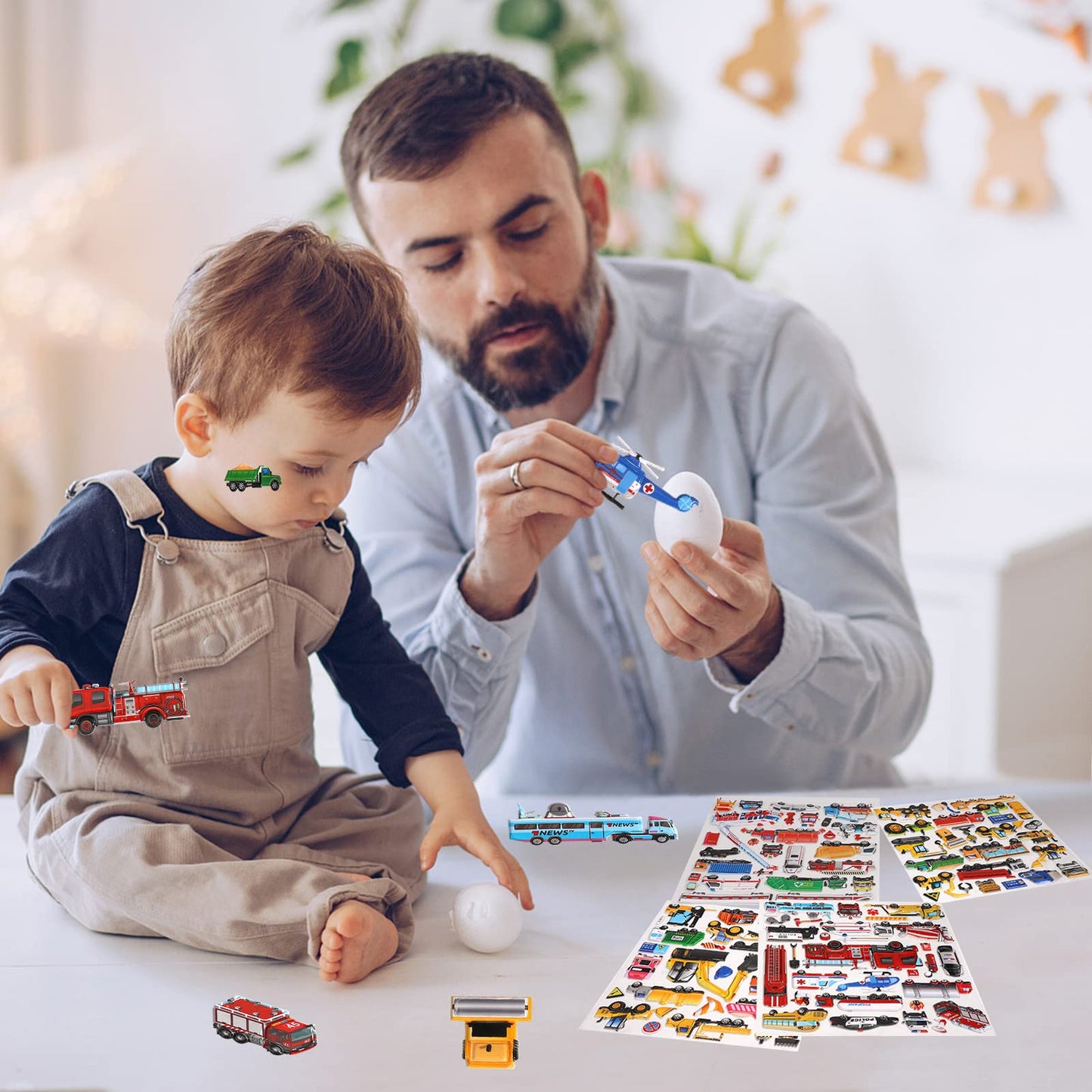 Shangrla Large Puffy Stickers Playset:Construction And Vehicle For Toddlers Boys Kids Travel Airplane Activities Reusable 3D Sticker With Trucks Tractor Police Car Fire Truck Ambulance,Puff Stickers.