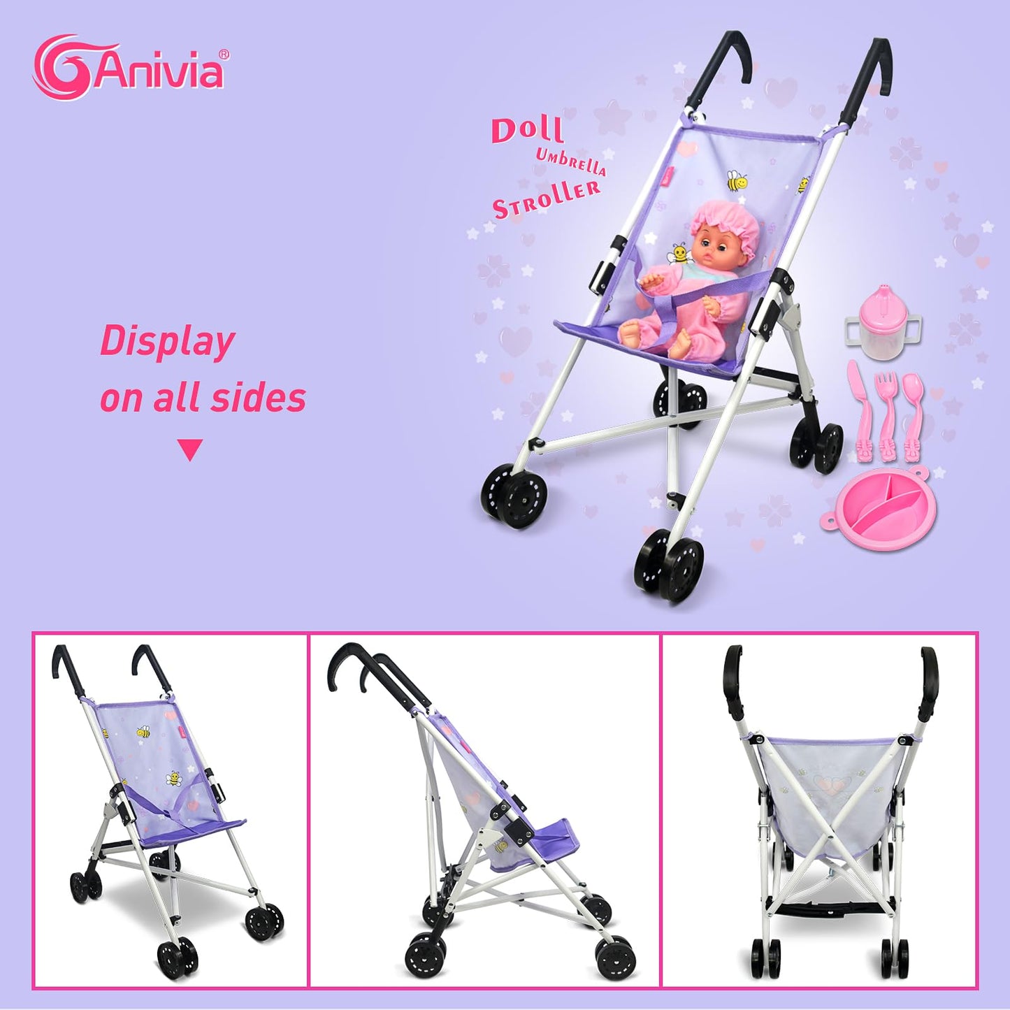 Anivia Doll Stroller Toy Realistic Doll Stroller Heart Design Gifts For Toddlers And Girls Foldable Baby Doll Stroller Toy(Withtoy Tableware)
