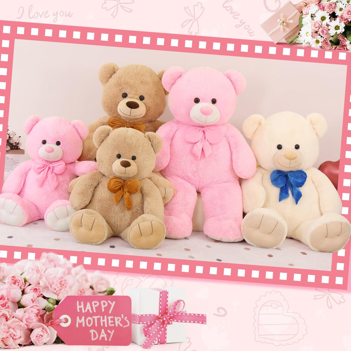 Morismos Big Teddy Bear 4 Ft Stuffed Animal, 47In Stuffed Bear Baby Shower Life Size Giant Teddy For Mother,Kids,Girlfriend,Wife