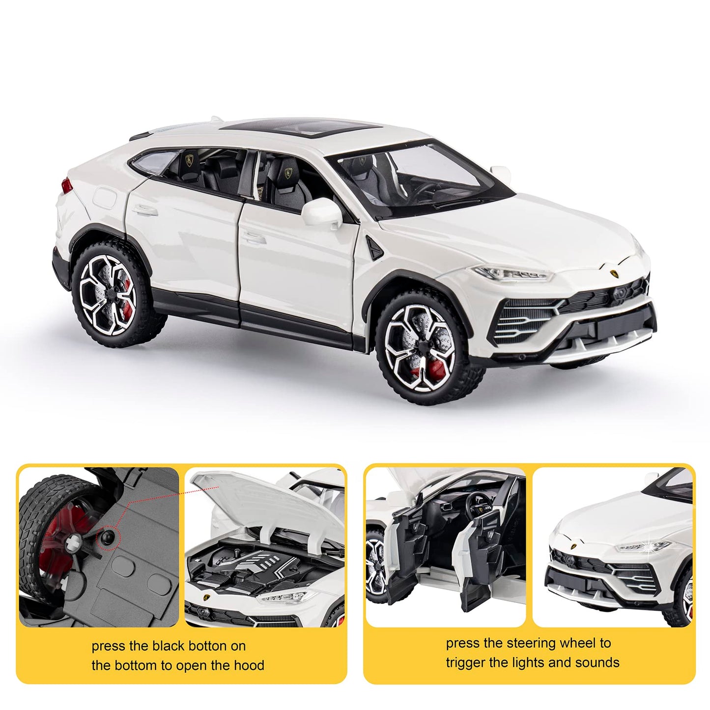 SASBSC Diecast Lambo Urus Toy Car for Boys, Metal, 1:24 Scale, White, with Light and Sound, Perfect Birthday Gift for Ages 3-8