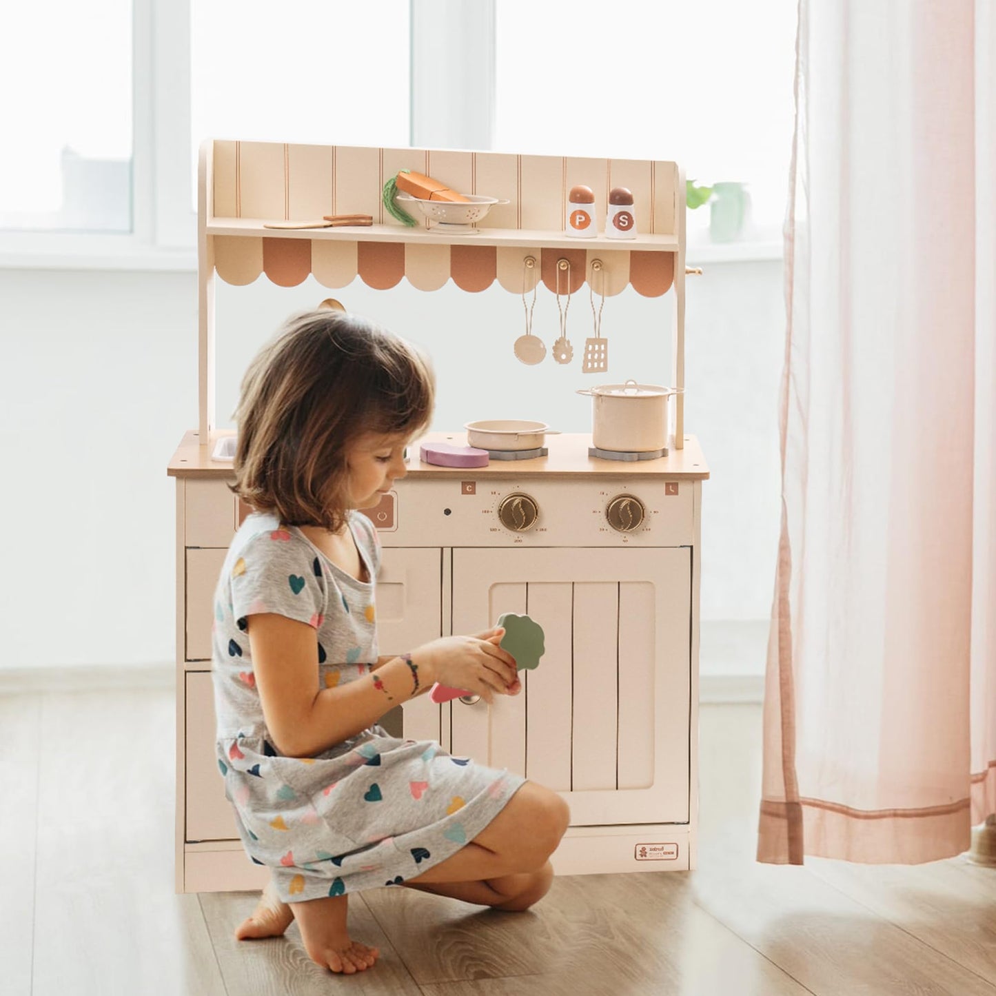 Robud Wooden Play Kitchen Set For Kids, Pretend Play Kitchen Toy Set With Golden Faucet, Sink, Oven, Stove, Cabinet, Vintage Sty