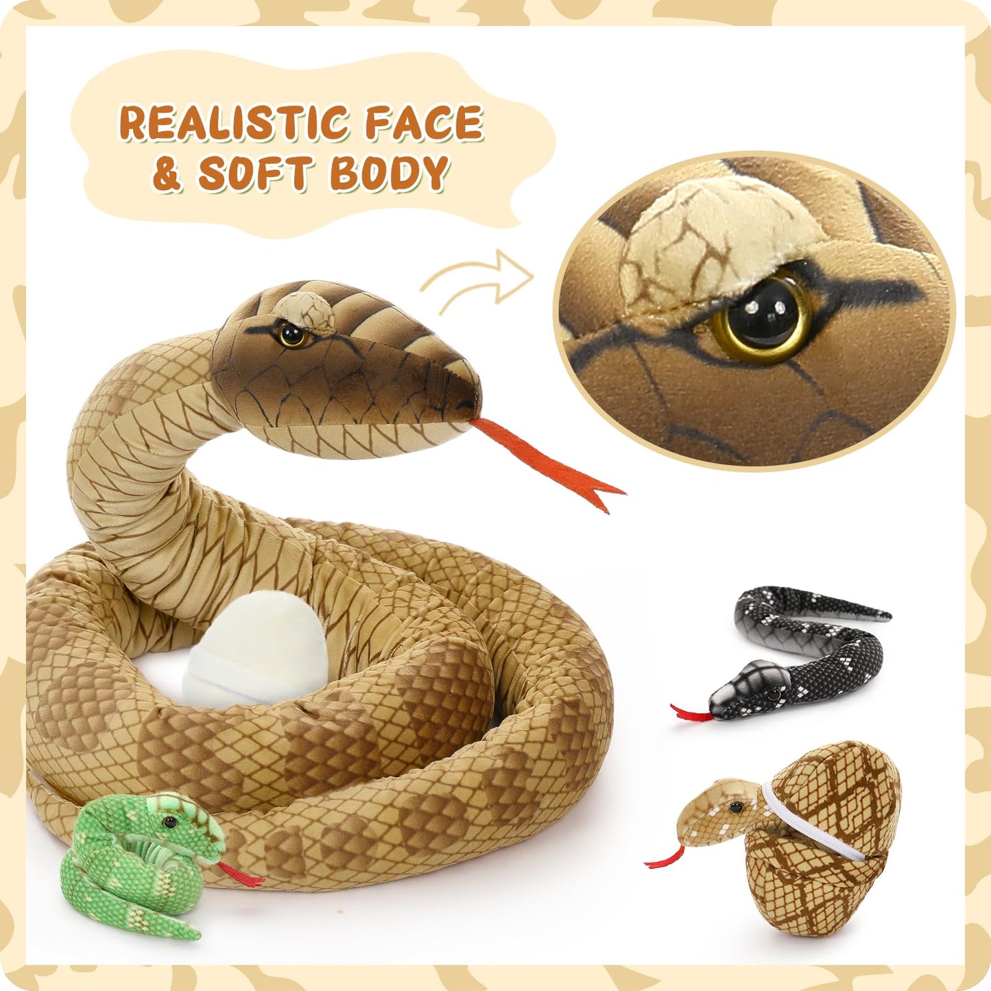 Morismos Giant Snake Stuffed Animal Mommy With Babies, Realistic Stuffed Snakes Plush Toy, 80' Long Brown Boa Constrictor For Kids, Girls, Boys, Halloween, 3 Snake Babies, 3 Snake Eggs