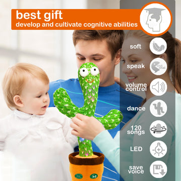 Hunfur Talking Cactus Toy That Talks Back,Volume Adjustment Dancing Mimicking Cactus Baby Toy,Singing Record Repeat What You Say, Sunny Silly Light Up Tummy Time Funny Gift For Toddler Boys Girls Toys