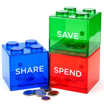Save Spend Share Piggy Bank for Kids - Clear Transparent Plastic Coin Banks for Boys & Girls - Teach Children About Giving & Sav