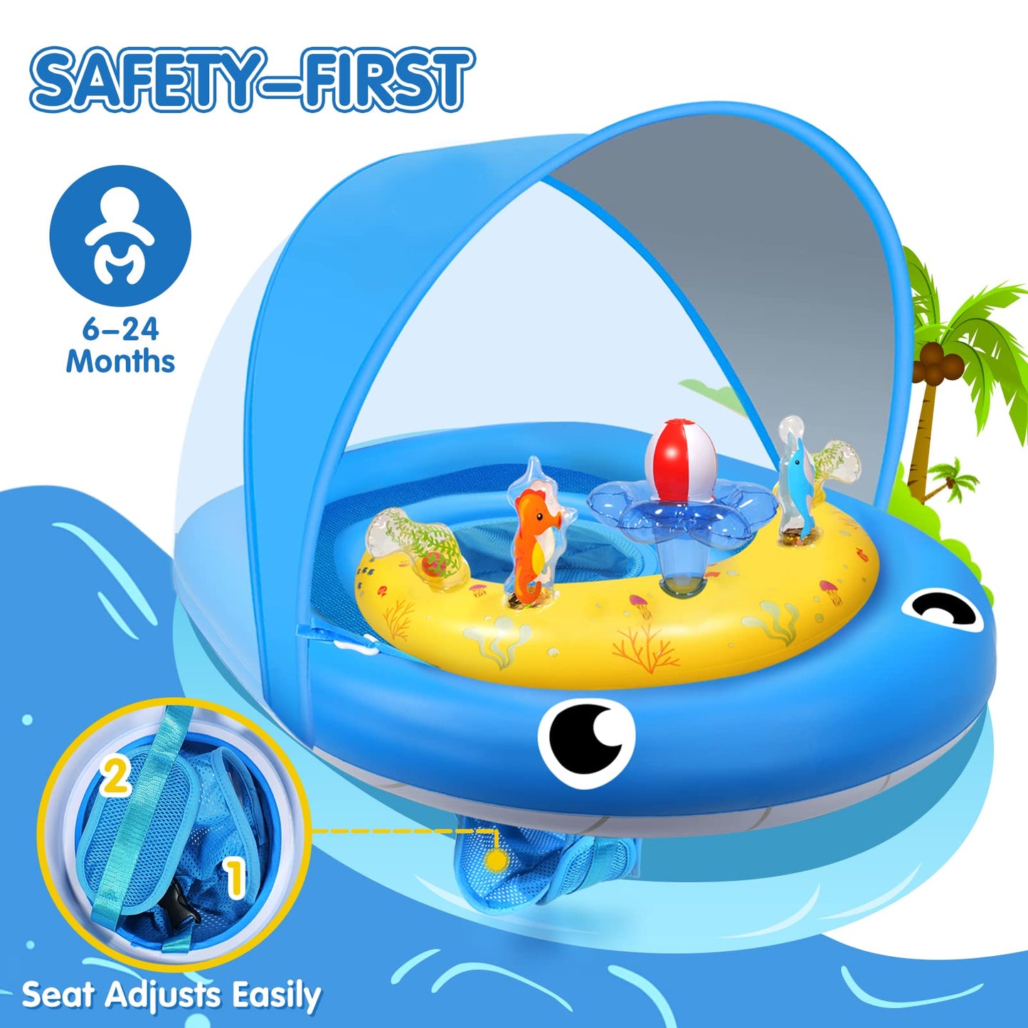 Baby Pool Float With Canopy Upf50+ Sun Protection, 6-24 Months Inflatable Infant Swimming Ring, Bath Floatie, Swimming Pool Accessories, And Toy Play Console With Adjustable Safety Seat