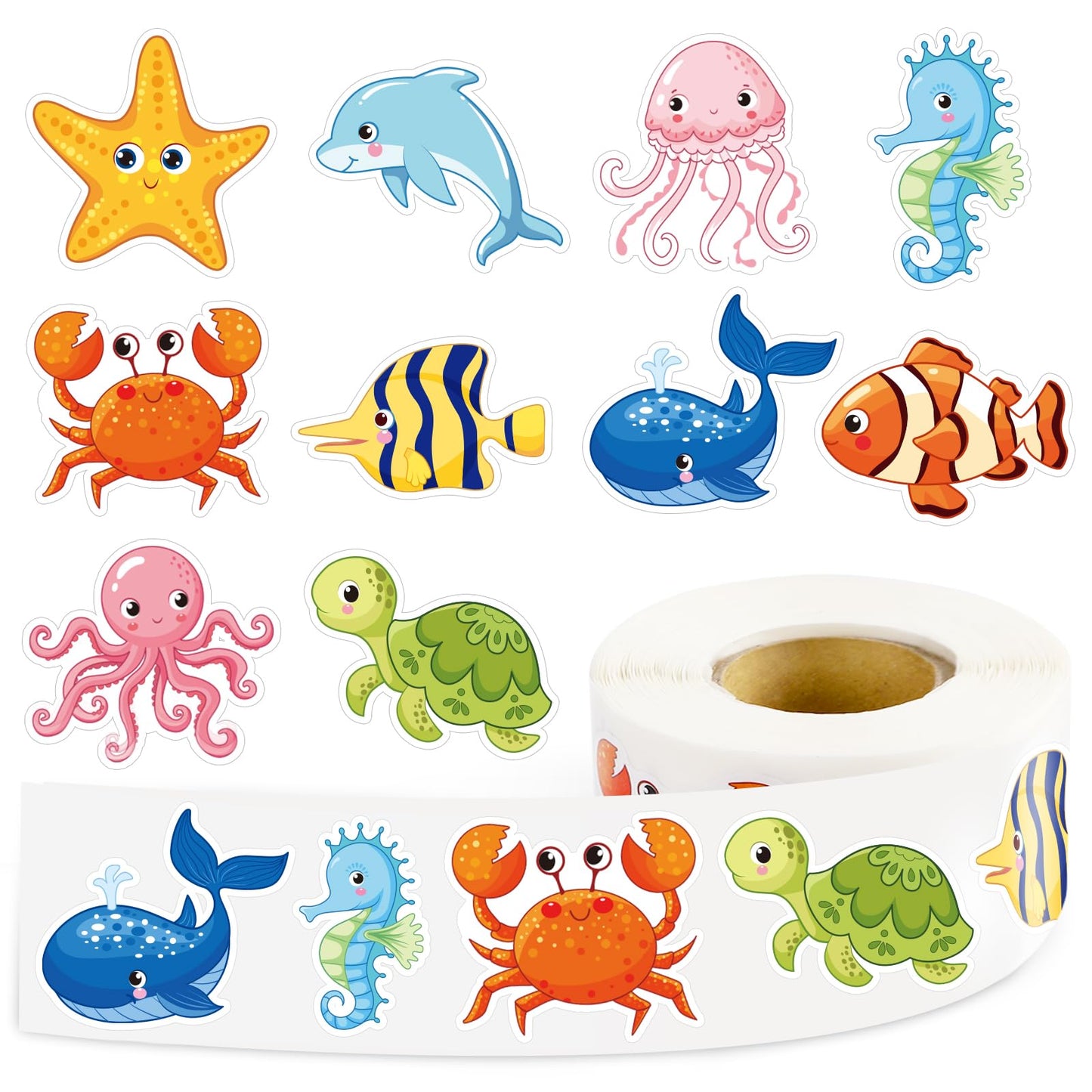 DECYOOL 800 Pcs Ocean Animal Stickers Roll for Kids, Sea Animal Stickers Decor, Fish Decals for Ocean Theme Parties, Summer Part