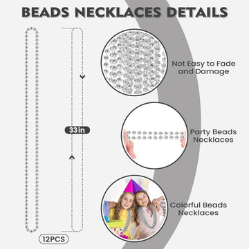 12 PCS Silver Mardi Gras Beads, 33'' Silver Beads Necklaces, Christmas Beads Necklaces, Metallic Patriotic Beads Necklaces, Para