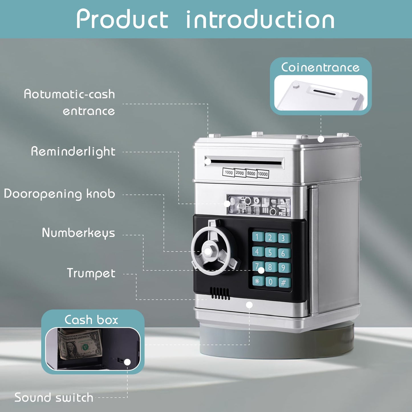 EVTHSU Silver Electronic ATM Safe Piggy Bank for Kids - Real Money Savings Coin Bank with Code Lock & Password, Gift Money Box f