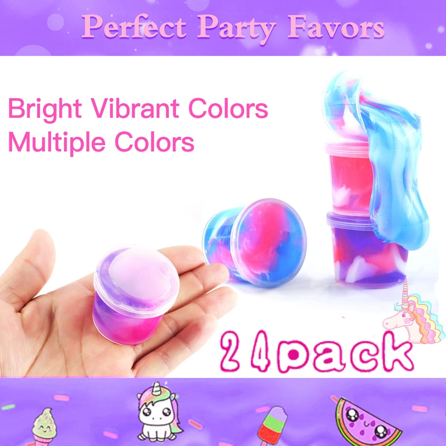 24 Pack Unicorn Galaxy Slime, Party Favor For Kids Girls & Boys, Adults, Non Sticky, Stress & Anxiety Relief, Wet, Super Soft Sludge Toy Easter Basket Filler