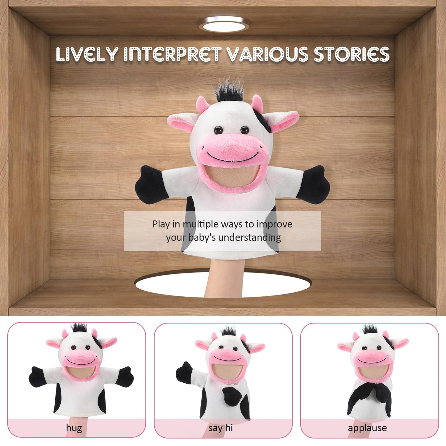 Zomiboo Hand Puppets Soft Animal Hand Plush Toy With Movable Mouth Imaginative Pretend Play Stocking Storytelling Interactive Toy (Cow)