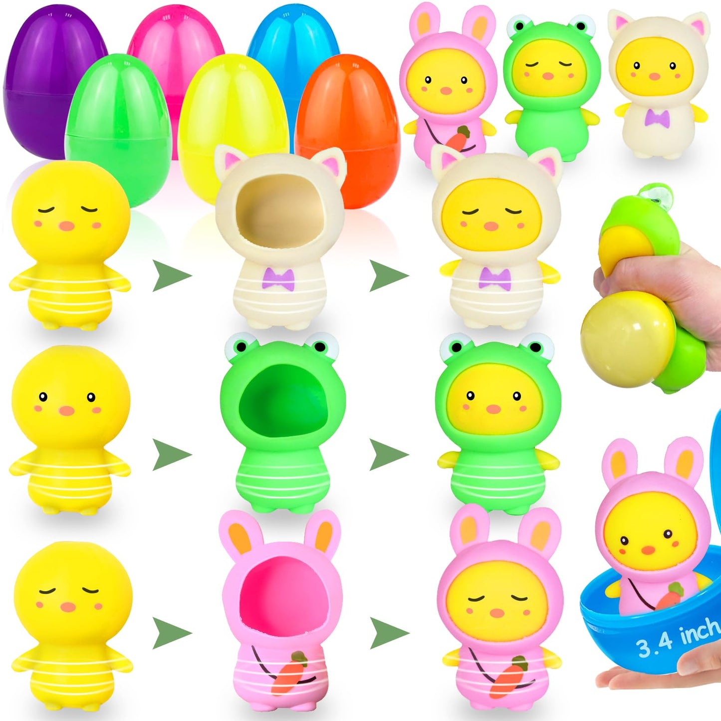 Igeekid 12 Pcs Jumbo Easter Eggs Filled Animal Squeeze Balls Toys,Chicks Costume Change Stuffers Stress Relief Toys For Kids Eas