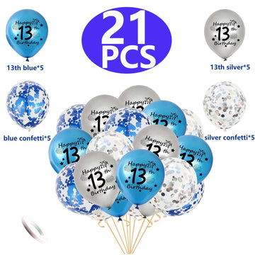 13Th Birthday Balloon, Pack Of 20 Blue Silver Happy 13Th Birthday Latex Confetti Balloon Ribbons For 13Th Teenager Boys Birthday