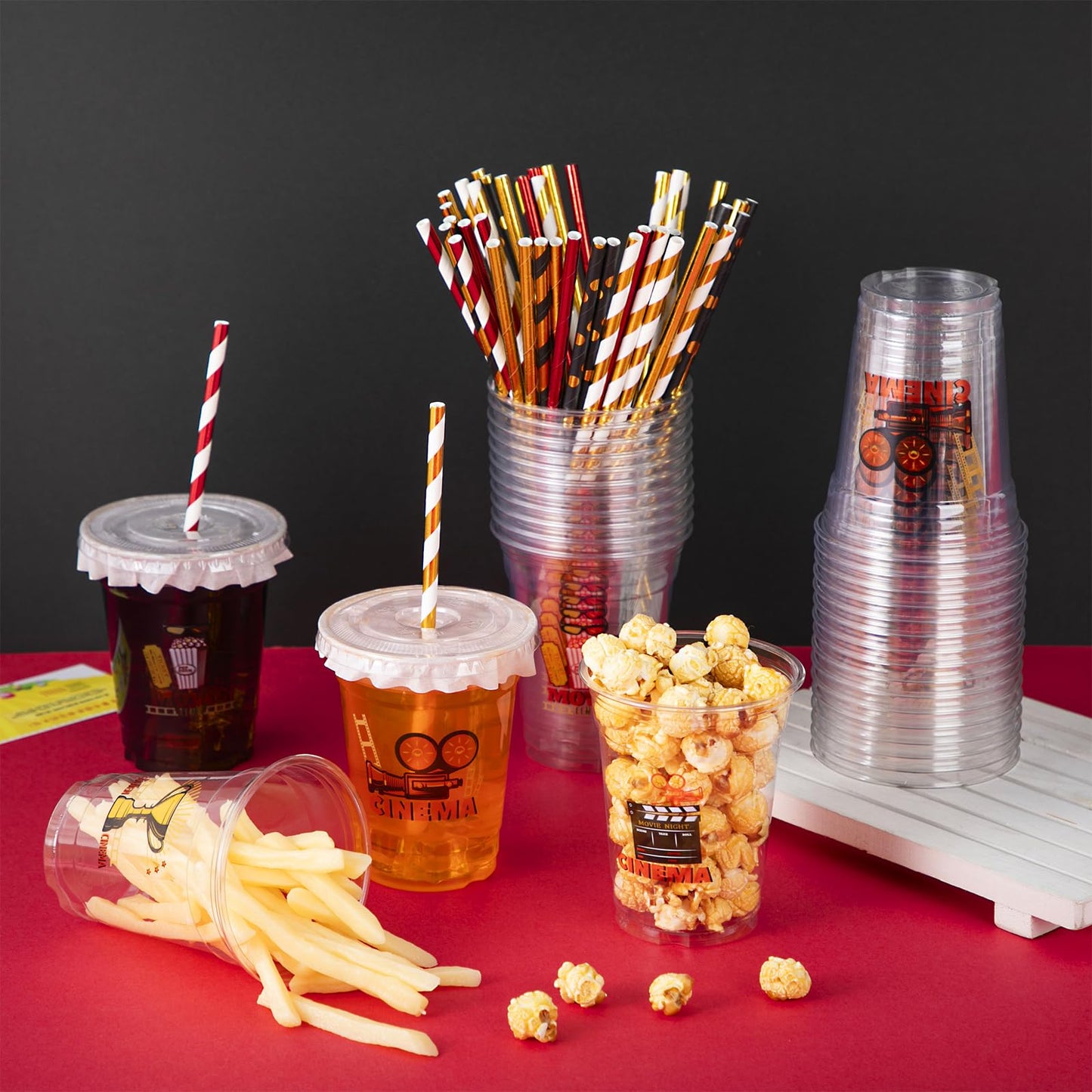Foldtier 50 Pcs Movie Night Cups 12 Oz Disposable Plastic Cups With Straws And Lids Cinema Clear Cup Birthday Cups Supplies Birt
