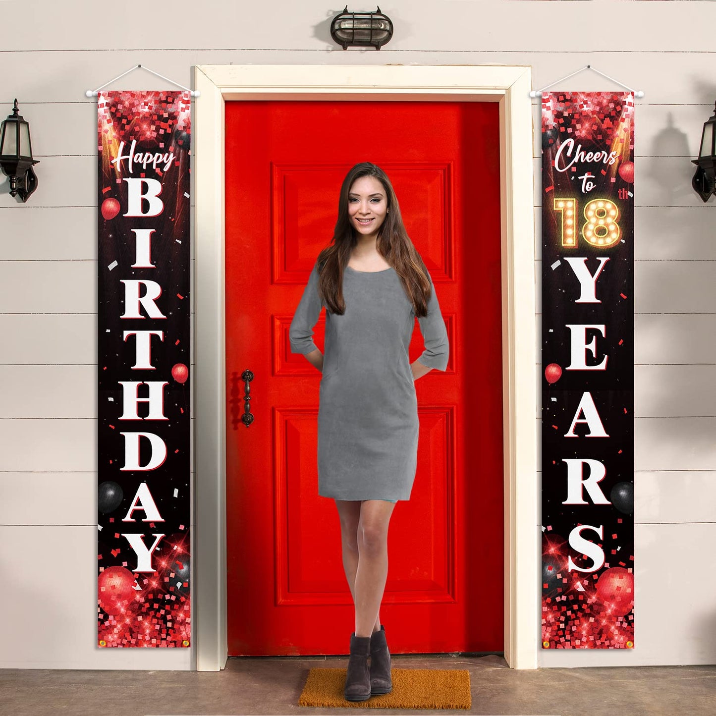 Happy 18Th Birthday Porch Sign Door Banner Decor Red And Black - Glitter Cheers To 18 Years Old Birthday Party Theme Decorations