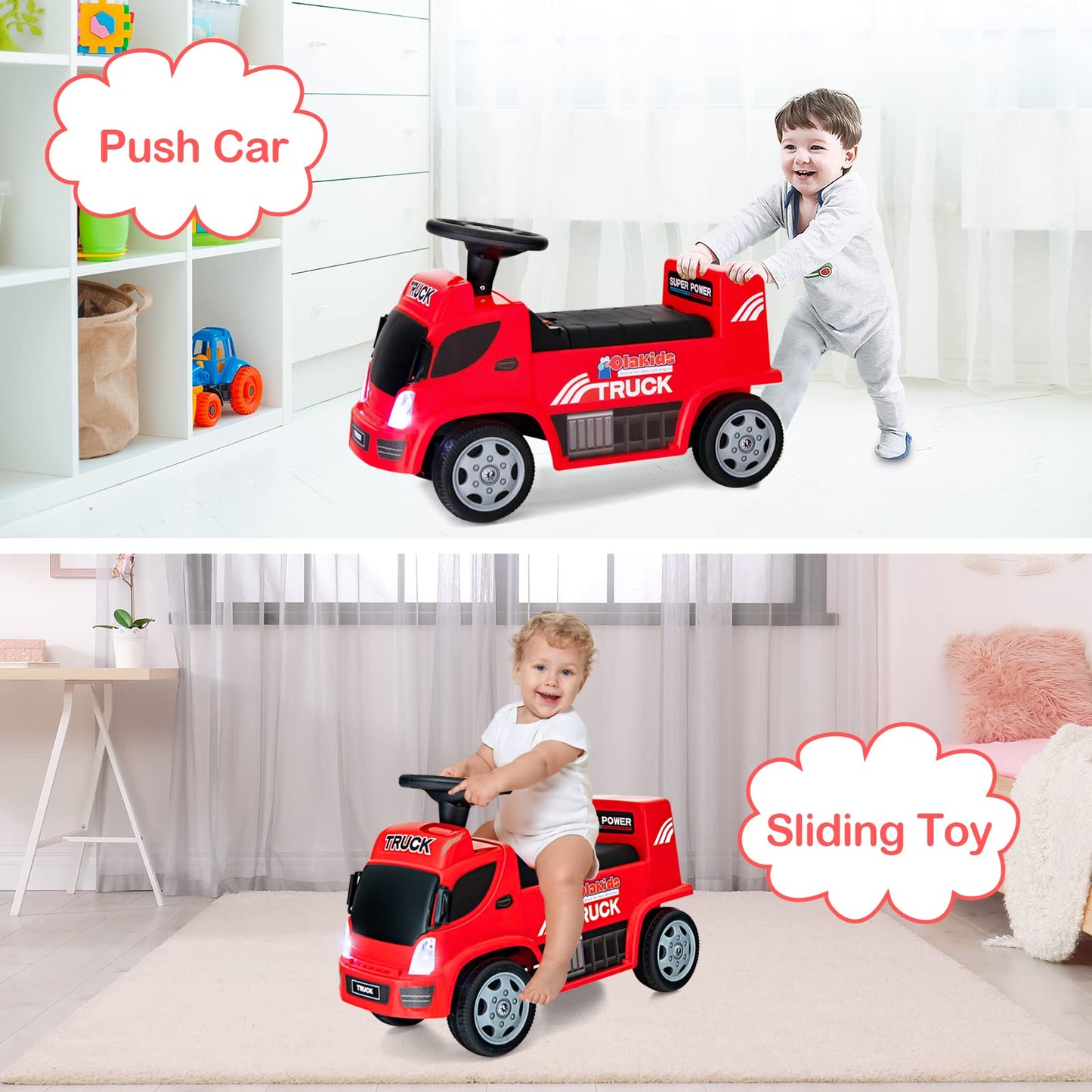 Olakids Kids Ride On Push Car, 2 In 1 Foot-To-Floor Sliding Truck With Detachable Trailer, Steering Wheel, Headlights, Music, Alarm Sound, Toy Walker Gift For Toddlers Age 1.5-3 Boys Girls (Red)
